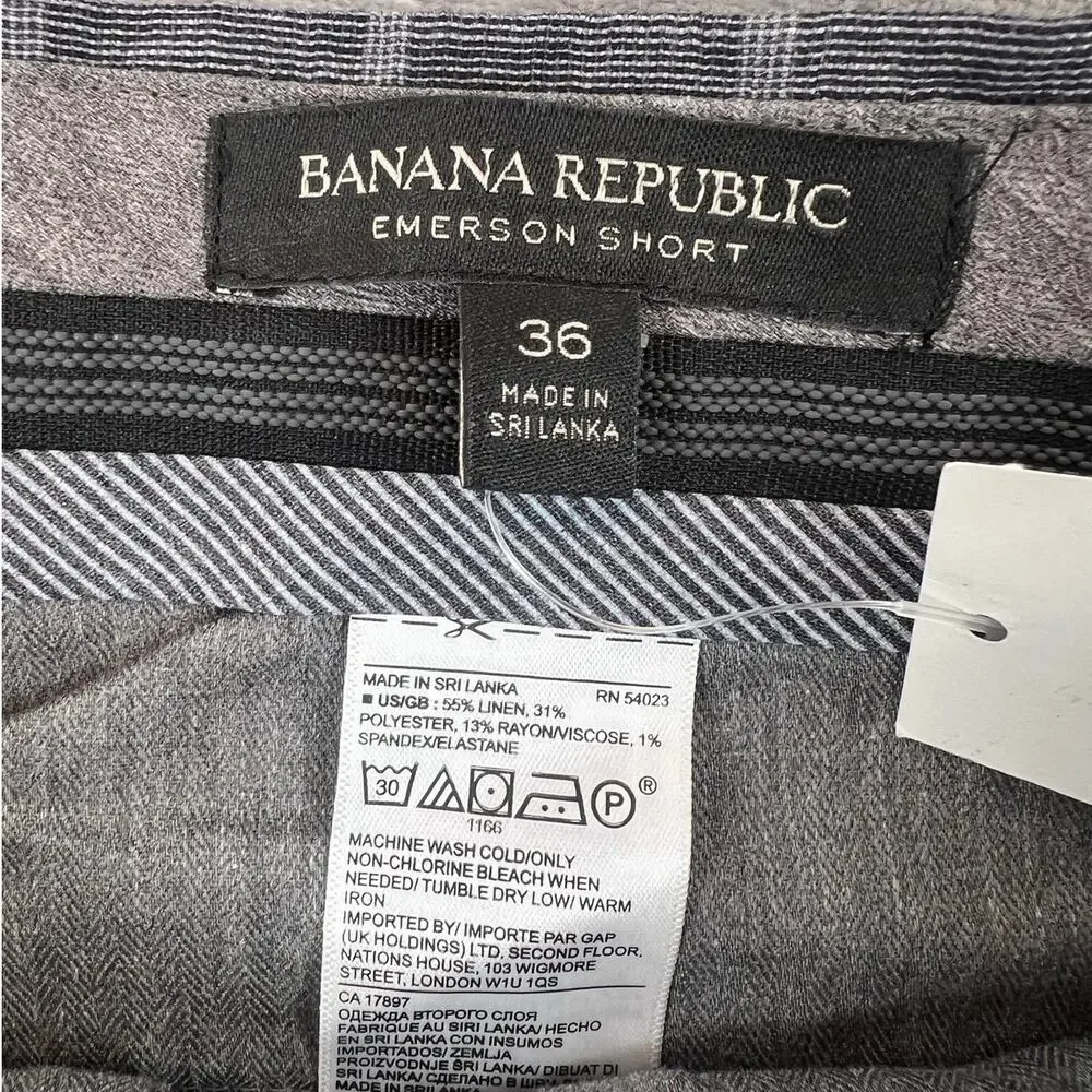 NWT Banana Republic Emerson 11” Plaid Linen Blend Shorts Gray Size 36